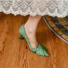 Women Pumps Luxury Green Grid Bow Cloth High Heels Summer Bride Shoes Comfortable Low Heeled Party Wedding Shoes