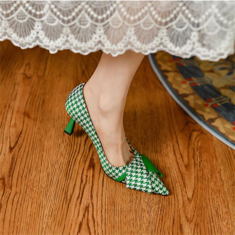 Women Pumps Luxury Green Grid Bow Cloth High Heels Summer Bride Shoes Comfortable Low Heeled Party Wedding Shoes