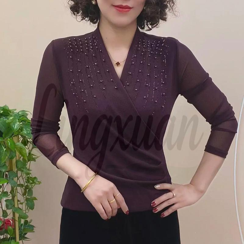 

2026 Autumn Women s Mesh Long-Sleeve Slim-Fit Top with Hot-Fix Rhinestones - Stylish Slimming Base Layer M