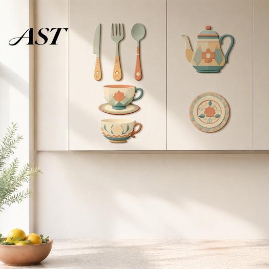 Non Residue Wall Stickers 7Pcs 2D Flat Kitchen Wooden Decor, Retro Teapot Tableware Themed Easy To Apply Decor Art, Self?Adhesive Plaques for Dining