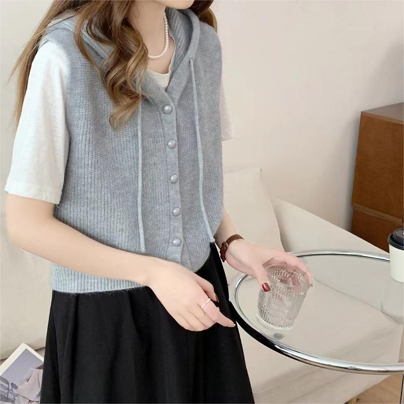 

Корейский однотонный жилет с капюшоном на кулиске женский модный весенне-осенний повседневный универсальный короткий жилет минималистичный One size