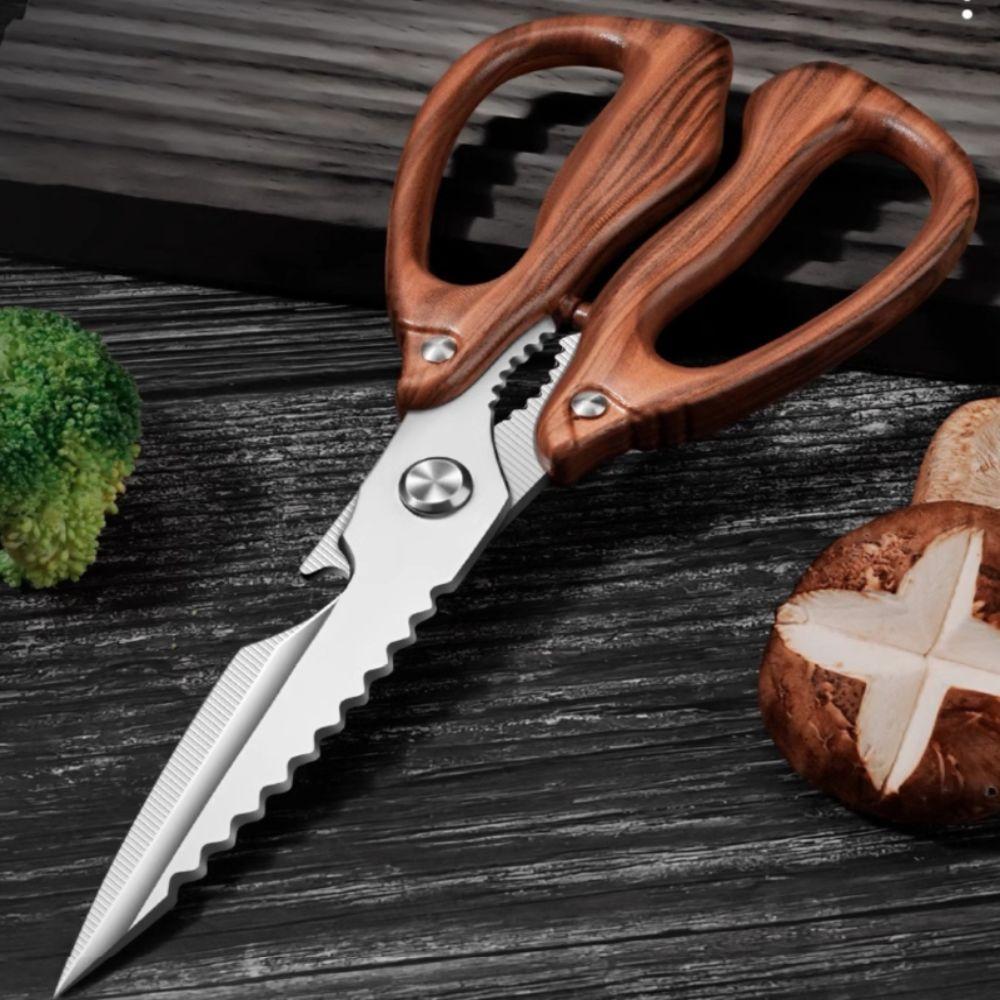 Nerezová kuchyňská nůžka s rukojetí imitující dřevo, nerezavějící, nůžka na kuřecí kosti, na těstoviny