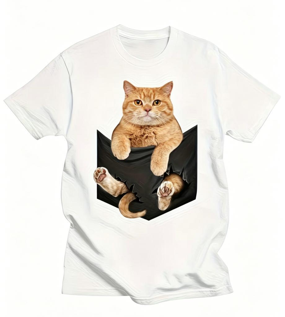 Funny 3D Cat In Pocket TShirt Creative Ginger Cat Graphic Tee Realistic Animal Print Top Unique Illusion Summer Casual Tshirt