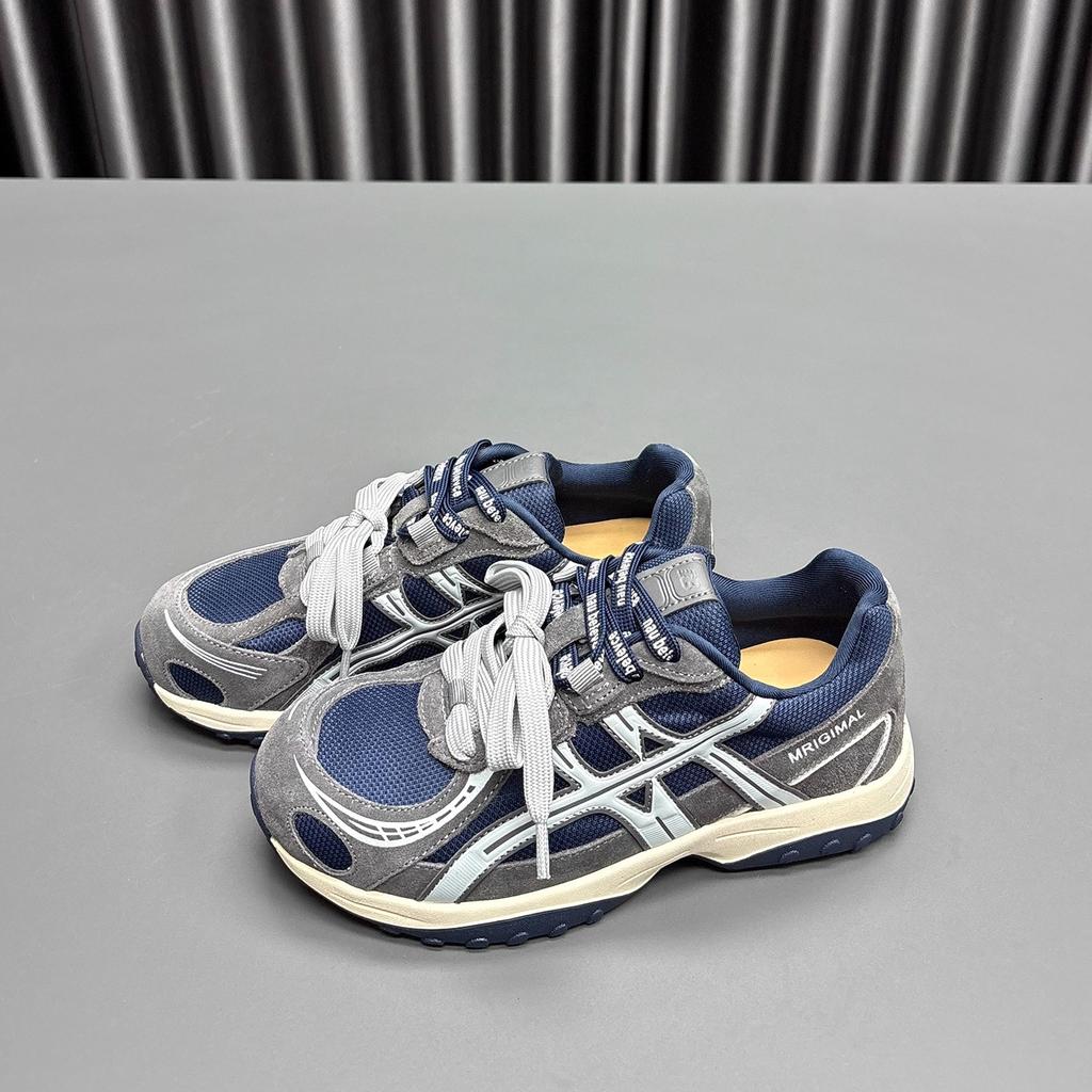 Leather mesh Forrest Gump shoes women's 2025 autumn new round head thick sole lace-up color matching casual versatile sports shoes tide