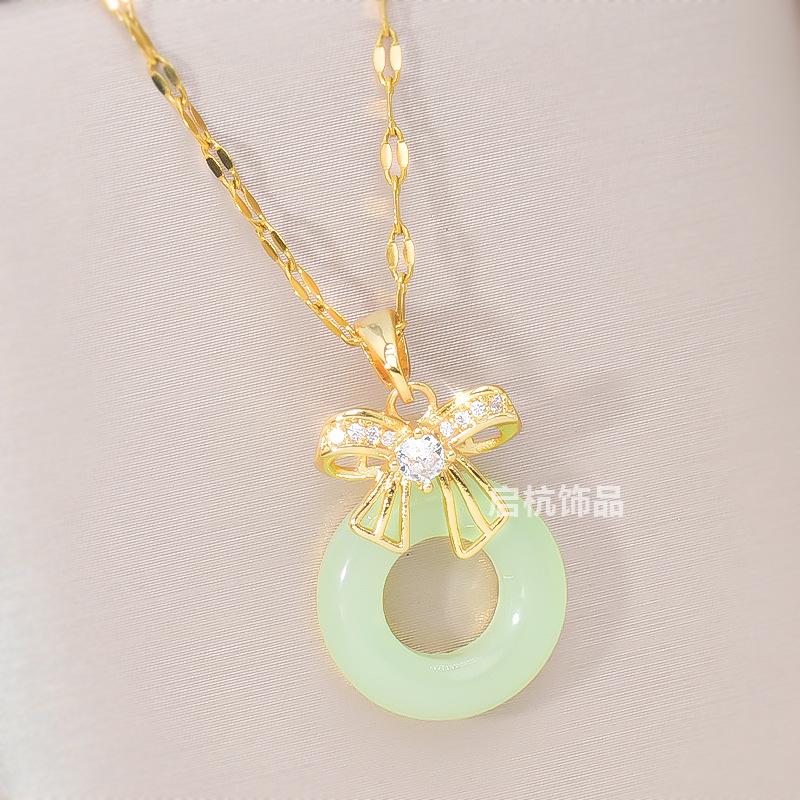 Hetian Jade Safety Buckle Necklace Women'S Retro Ethnic Style Versatile Slightly Inlaid Bow Pendant Neck Chain