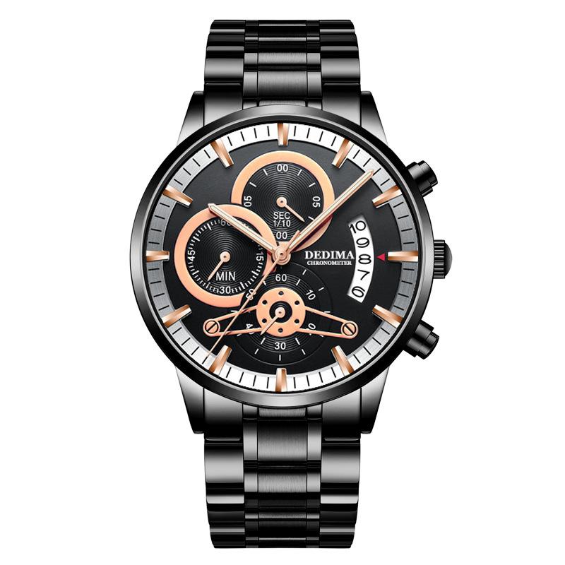 KINGNUOS Herrenuhr mit massivem Stahlarmband, wasserdicht, beschichtetes Glas, leuchtend, drei Augen, 6 Zeiger, Quarzuhr