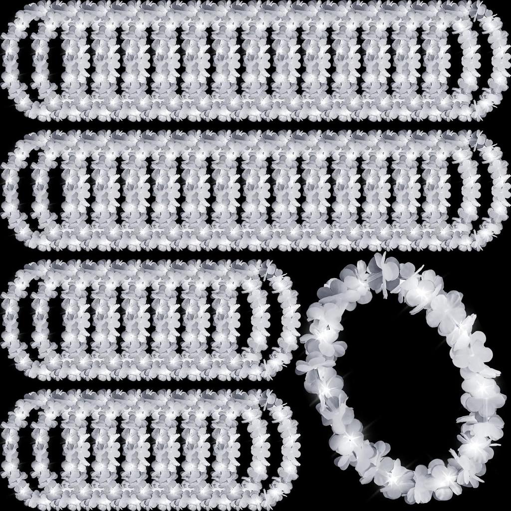 Sherr 48 Pcs LED Hawaiian Leis Light up Flower Leis Necklace with LED Lights Luau Flowers Necklaces for Masquerade Beach Wedding Tropical Themed