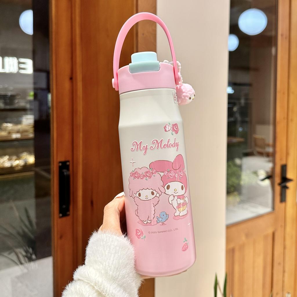 X&W Kuromi Insulated Thermos Cup New Large Capacity Portable Hand Strap Straw Water Bottle for Student Girls High Appearance