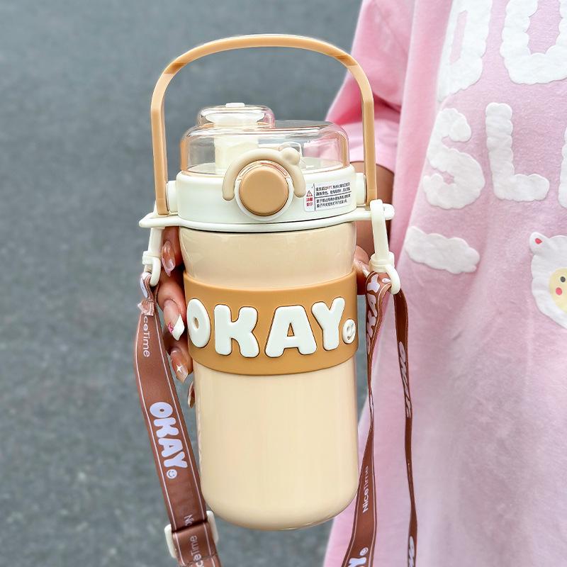316 Stainless Steel Sports Thermos with Strap & Double Straw for Girls