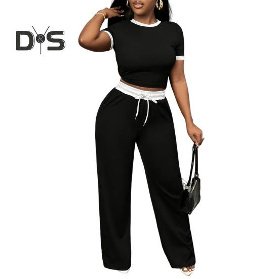 

Женский летний комплект из 2 предметов: укороченный топ с круглым вырезом, короткими рукавами, широкие брюки на завязках, повседневный спортивный костюм, комплект для отдыха L чёрный