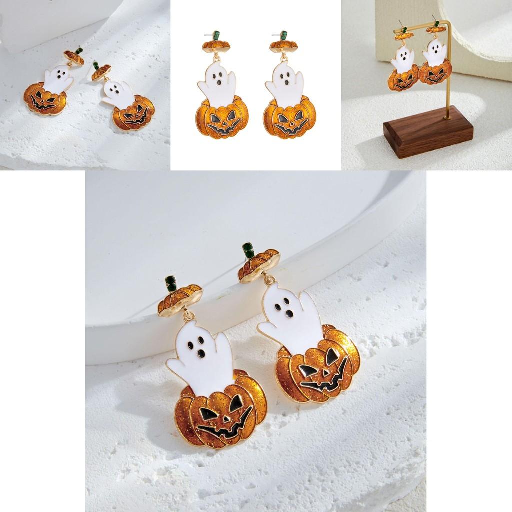 Unique Vintage Style Halloween Pumpkin Ghost Earrings With Sparkling Rhinestones For Women