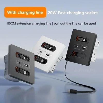 Universele Slimme Stekker Met Laadkabel 20W Snelladen USB C Poort PC Stroom Wandpaneel, Mobiele telefoon opladen Type C Stopcontact