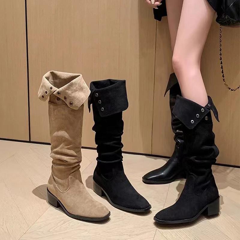 Pile boots retro niche small long boots French women's boots autumn and winter versatile western cowboy boots knight boots