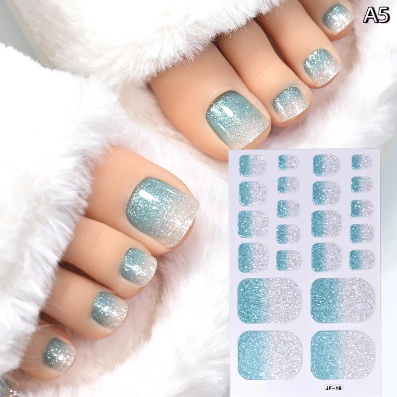 22Pcs/Sheet Toe Nail Sticker Wraps Baking Free Simple Solid Color Glitter Full Cover Toenail Polish Strips Waterproof