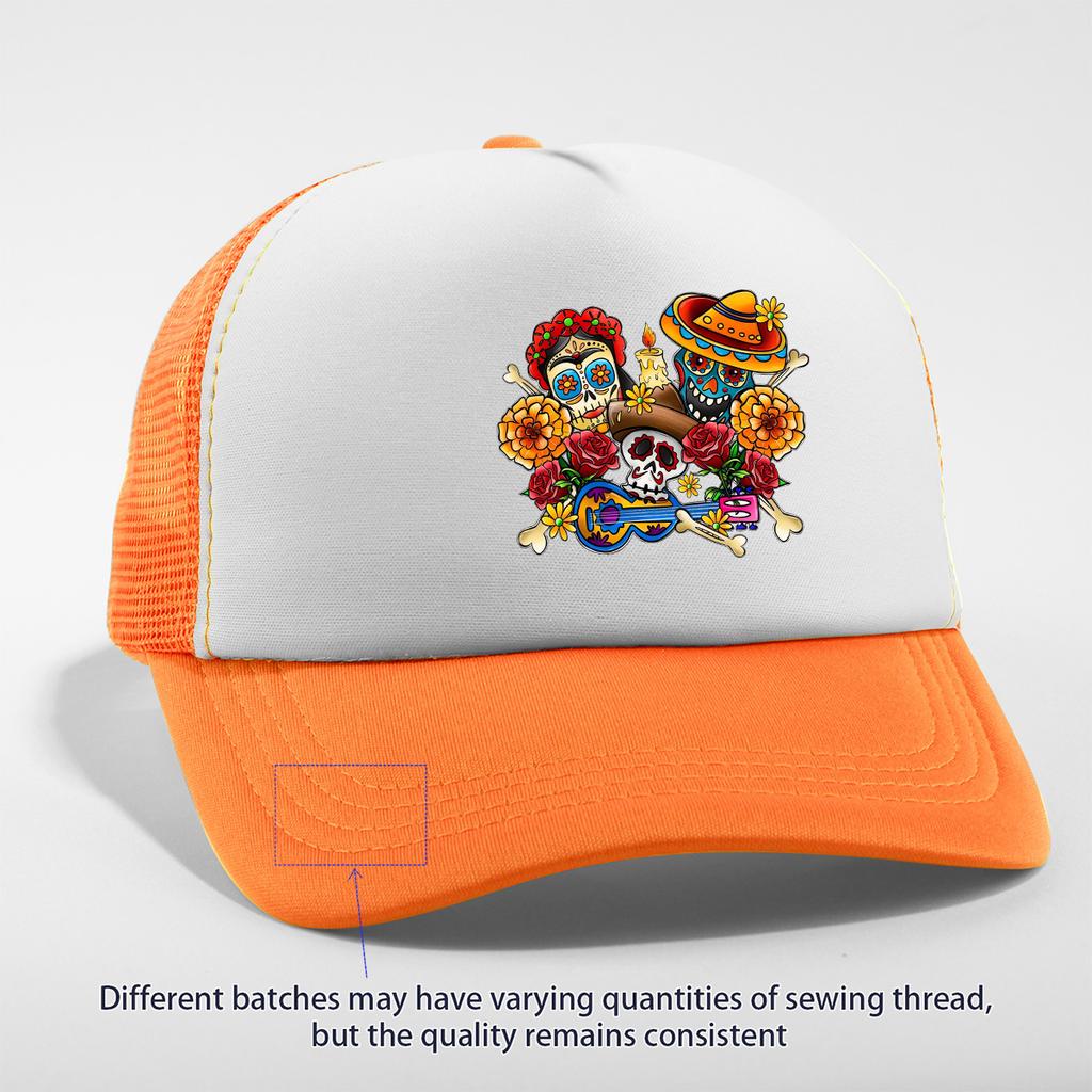 Day of the Dead Skull Print Trucker Hat Breathable Mesh Snapback Adjustable Baseball Cap Casual Pink