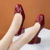 2025Medium Thick Heel Soft Leather  Single Shoes Shallow Mouth Square Head Women's Pumps Metal Square Buckl Heeled Mom Shoes
