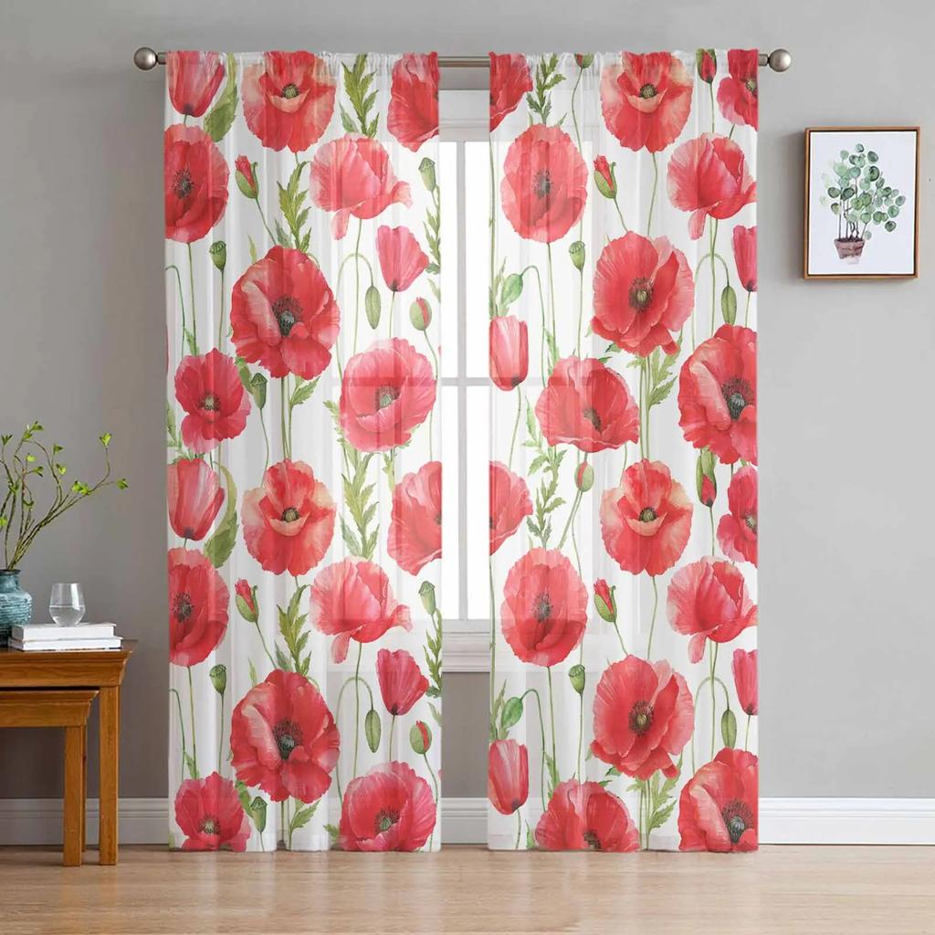 Colorful Flowers Leaves Branches Plants Window Drapes Living Room Sheer Curtain Bedroom Kitchen Home Decor