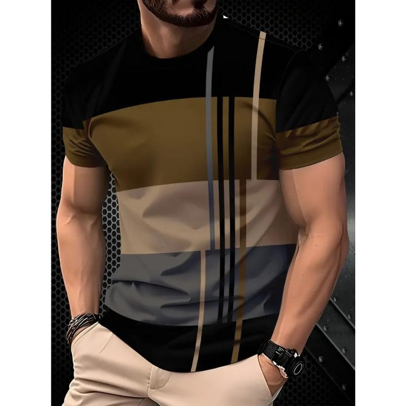 Men's Summer Casual Plus Size Vertical Stripe Color Printed Fashionable T-shirt- Soft Medium Stretch Polyester Fabric Summer Mens Relaxed Fit Clothing