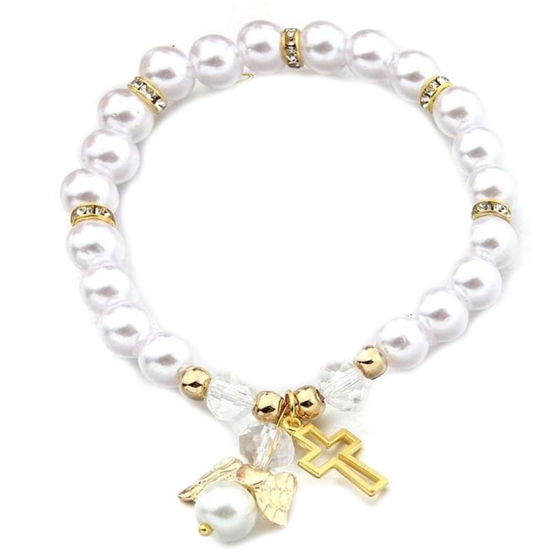 Fashionable Crosses Angel Charm Bracelet In Blushes Pearls for Thoughtful Gift Giving and Personalize Adornment