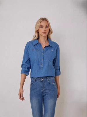 Pull-over en denim léger à manches longues et col rabattu pour femme, idéal pour l'automne
