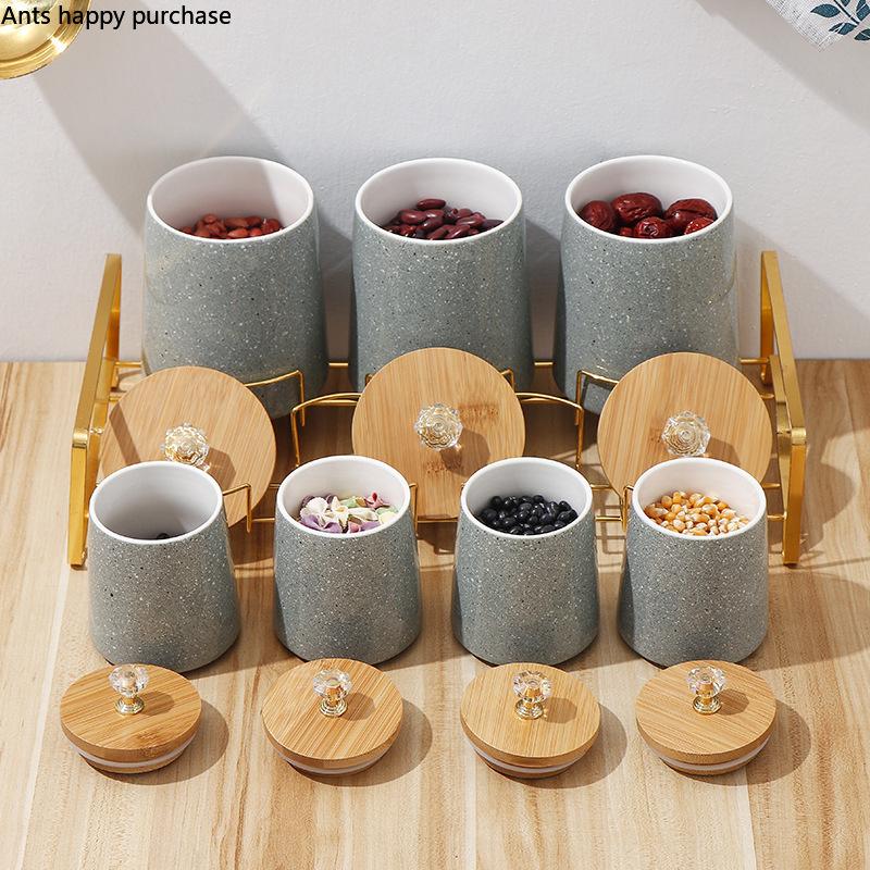 Crystal Handle Wooden Cover Ceramic Airtight Jar Kitchenware Food Container Storage Tank Whole Grains Storage Box Home Organizer