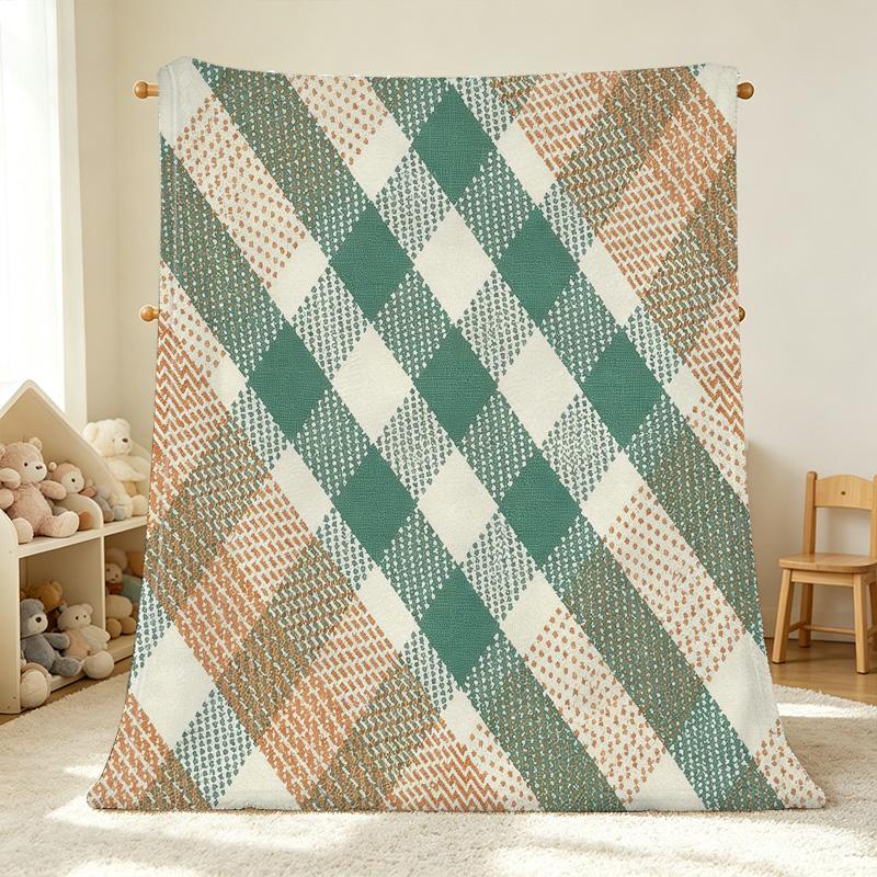 Flannel Fleece Blanket Simple Plaid Trimmed, Soft & Skin-friendly Cozy Throw for Sofa, Warm Home Decor for Christmas & Halloween