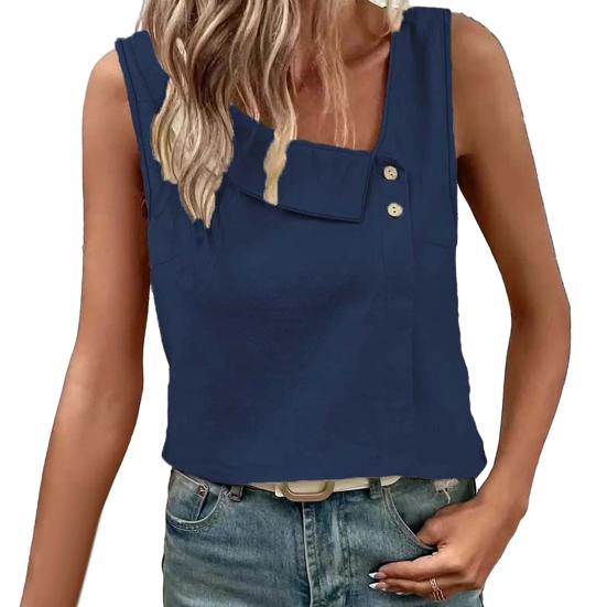 Women Tops Skew Collar Sleeveless Loose Fit Casual Tops Pure Color Buttons Decor Pullover