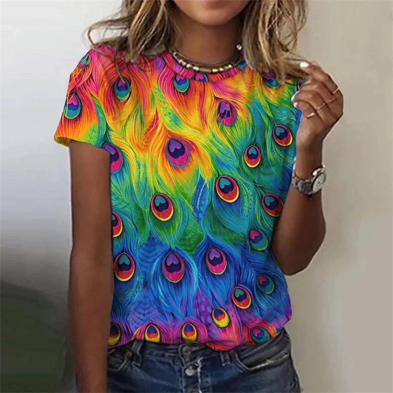 Summer Fashion Women's T-Shirt Peacock Feather 3D Printed Short Sleeve Tops Girl Loose Casual Loose Oversize Outdoor Clothing