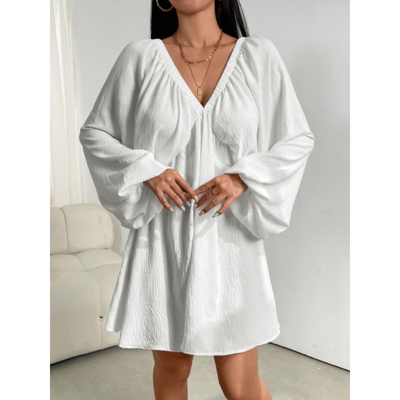 Elegant Fashion Deep V-neck Long Sleeved Women Dress Spring Summer Simple Casual Loose Sexy Solid Color A-line Party Dress Female Office Ladies
