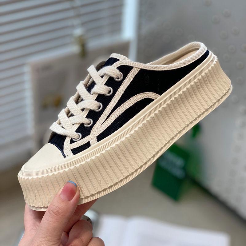 

Baotou slippers women s solid color canvas half drag spring new thick-bottomed breathable outer wear fashionable cool slippers 35