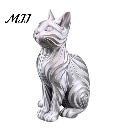 Bay Window Cat Statue 3D Printed with Wavy Fur, Modern Sitting Figurine for Showcase Decor Bookshelf Decor, Minimalist Art Sculpture Home Office, Gift