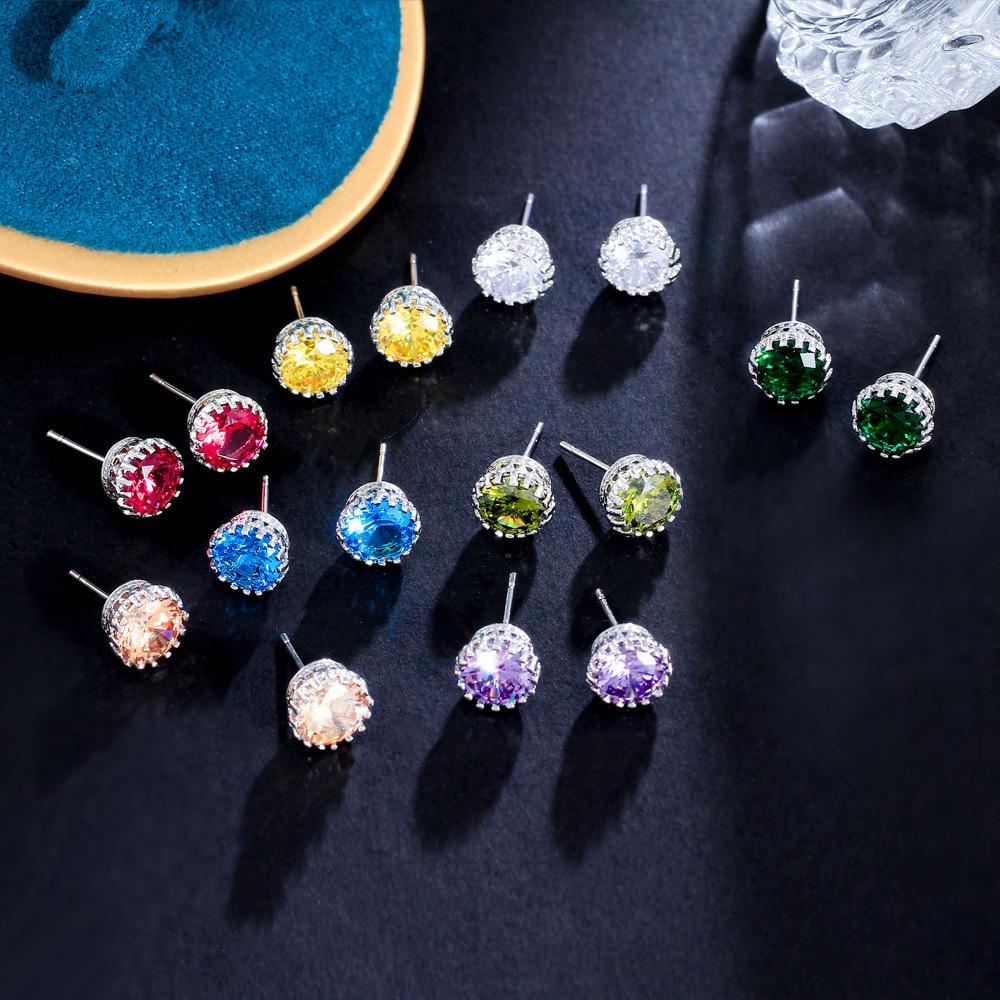 Stud Earrings Crown Color Multi-Color 8Mm Inlaid Zircon Environmentally Friendly Earrings Trinkets
