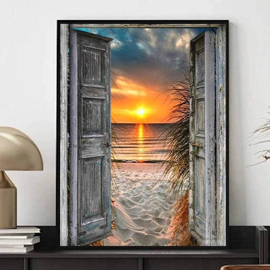 Seaside Sunset Diamond Painting Art Set, 5D DIY Full Diamond Painting Art Cross Stitch Craft Suitable for Home Decoration Wall Murals