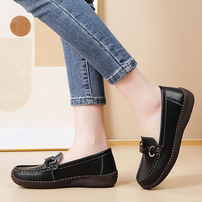 Einfache Damen Leder Loafer Fahr-Mokassins Bequeme Flache Schuhe Schwarz Lässige Slip-Ons Große Größen Schwarz Business Büroschuhe