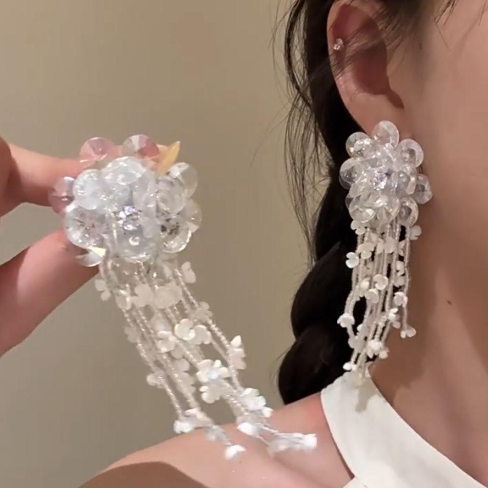 Zinc Zinc Alloy Crystal Beads Ear Drop Rhinestone Long Ear Drop Brilliant White Flower Earrings  Women