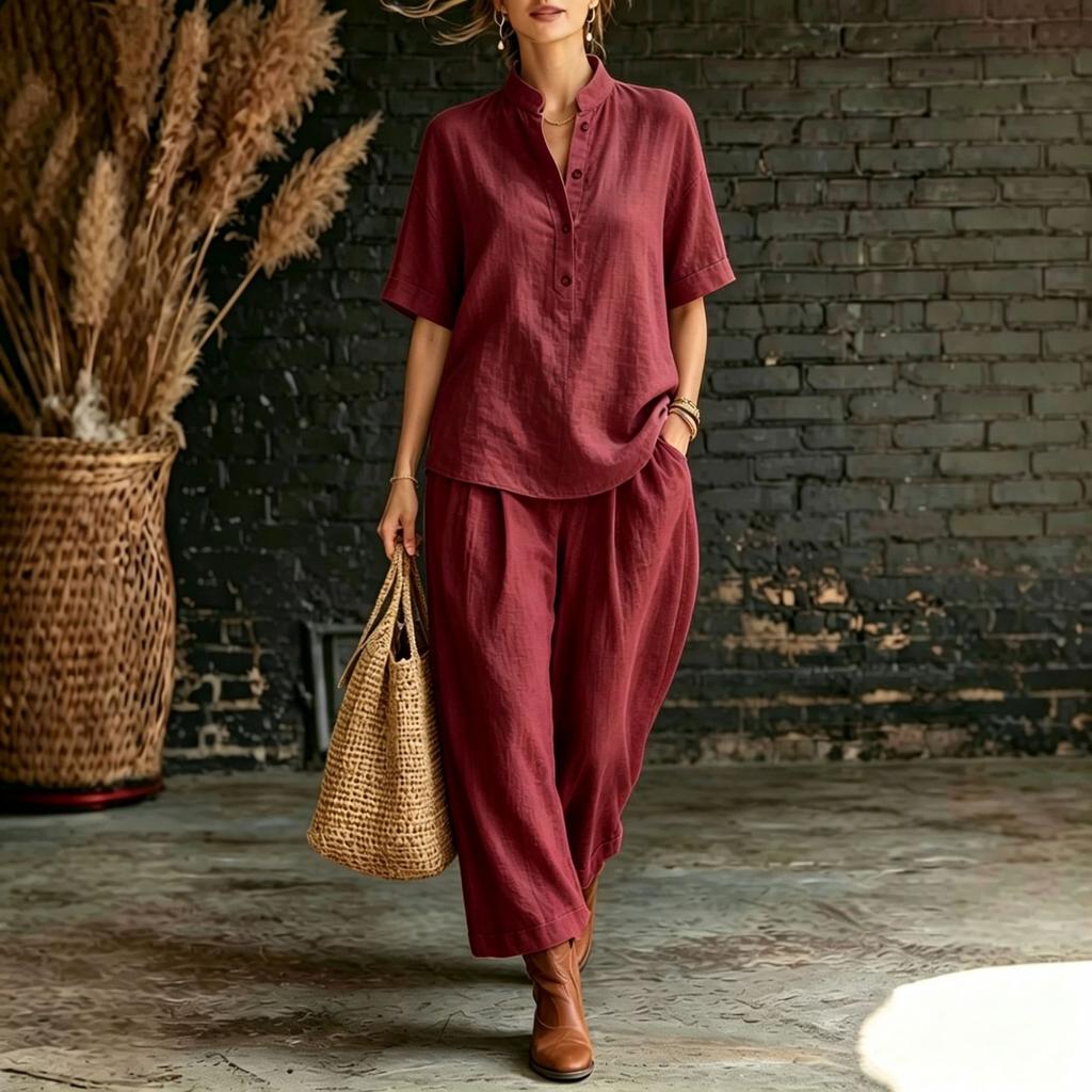 Women's Casual Loose Fit Short Sleeve Top and Pants Set with Stand Collar for Everyday Wear