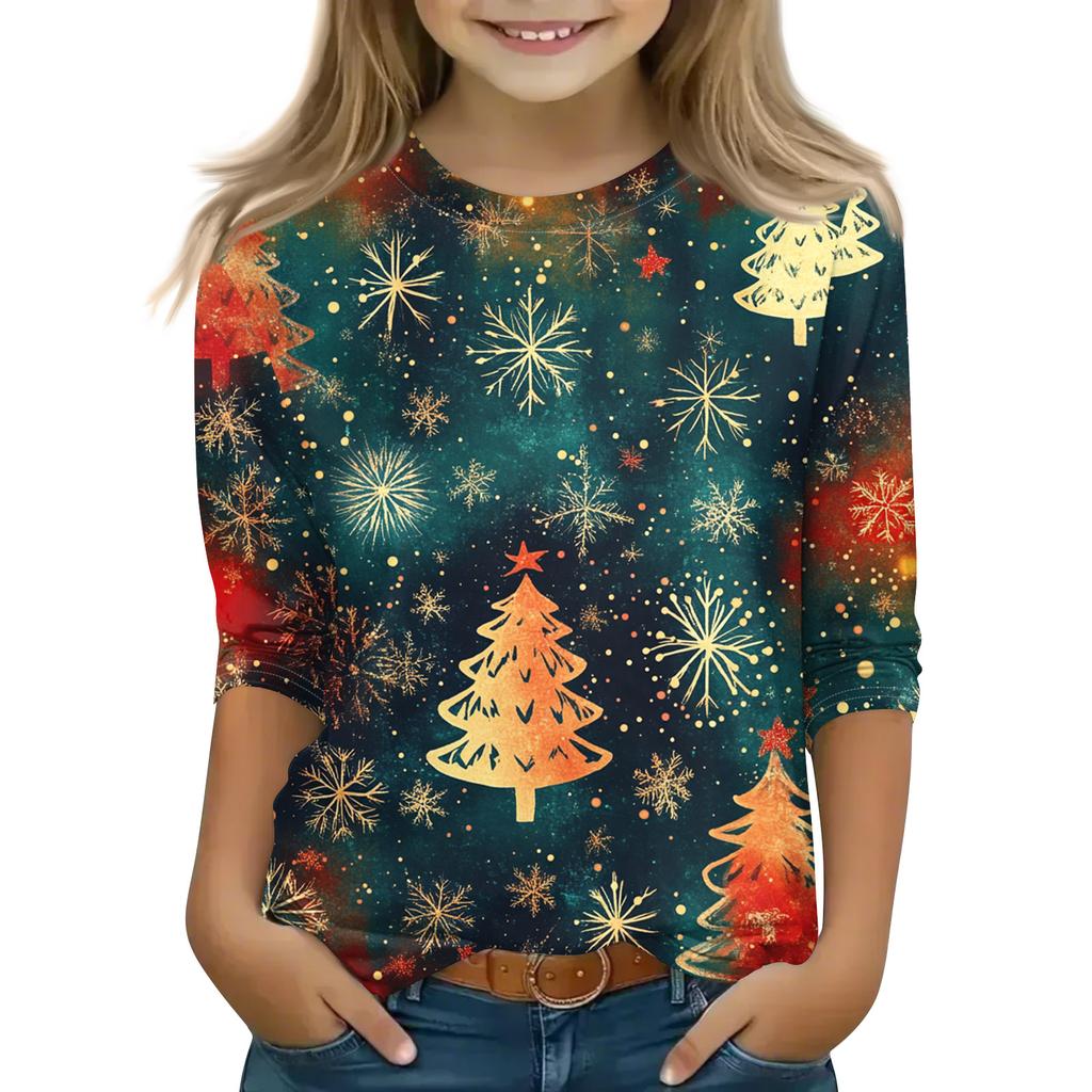 Christmas Day Print Tops For Youth Girls 5-16 Years Round Neck 3/4 Sleeves T-Shirts Trendy Tops Outfit Tees