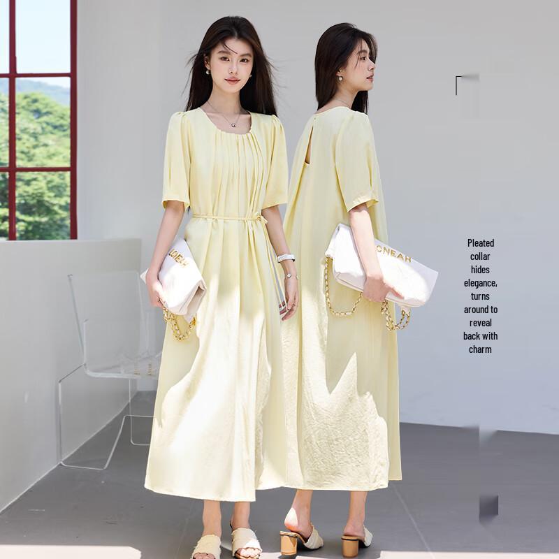 VICTORIA&VERA Women's Tie Pleated Backless Mid-Length Dress V9015L13