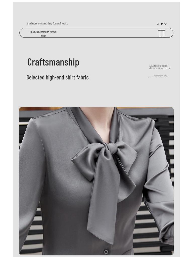 Women's Drapey V-Neck Ribbon Long Sleeve White Shirt - Professional Spring/Autumn Workwear Top