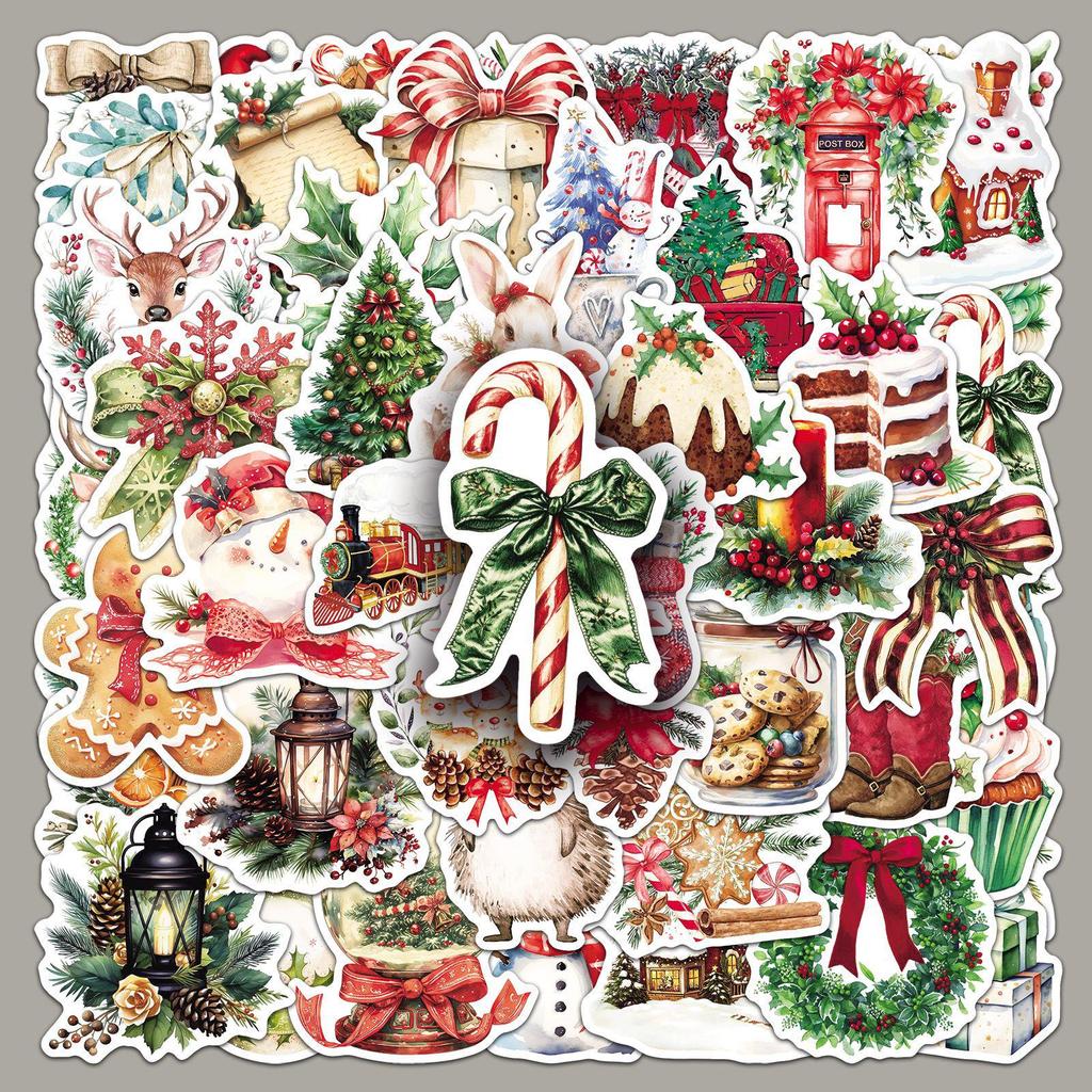 50pcs Retro Watercolor Christmas Stickers - Waterproof Cartoon Decorations for Phone Cases & Laptops
