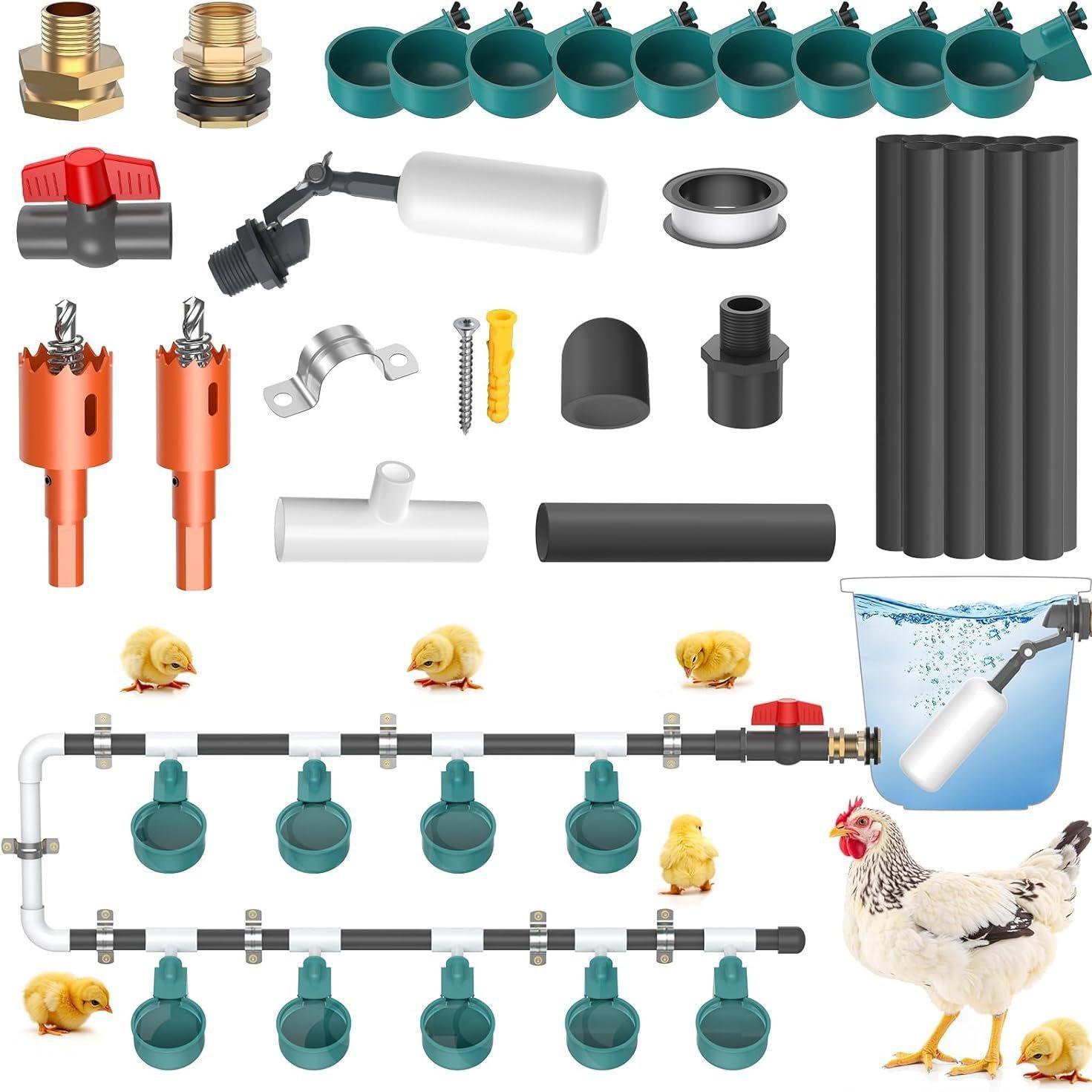 

Automatic Poultry Feeder Kit: Pipes, Water Cups, Nipple Waterers, PVC Tees, and Tank Connectors