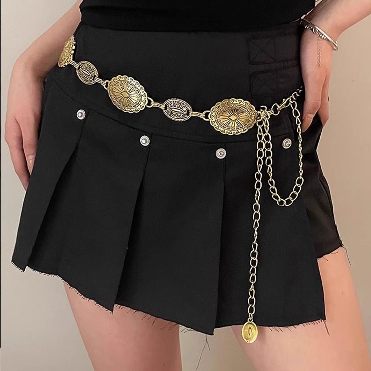 Retro Ethnic Carved Geometric Waist Chain - Women s Cross-border Metal Dress Accessory