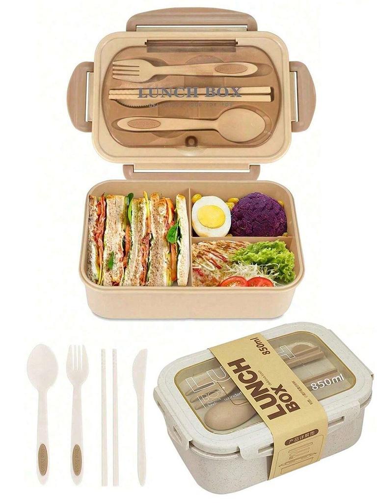 1pc lunch box with two compartments, built-in cutlery set, reusable and microwave heated (with lid removed), suitable for kitche