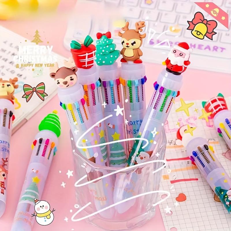 Christmas Multicolor Ballpoint Pens Plastic Retractable Fine Point Pens with Holiday Charms, 10-Color Inks for Office, Workplace