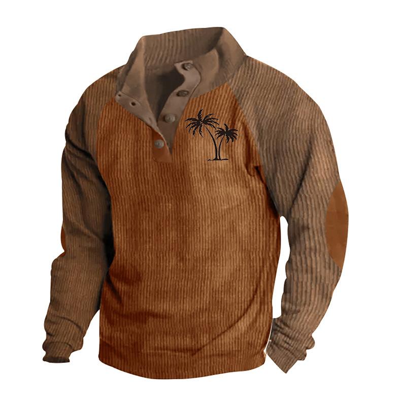 Men's Drop-Shoulder Sleeve Casual Printed Stand-Up Collar Loose-Fit Corduroy Patchwork Sports Sweatshirt
