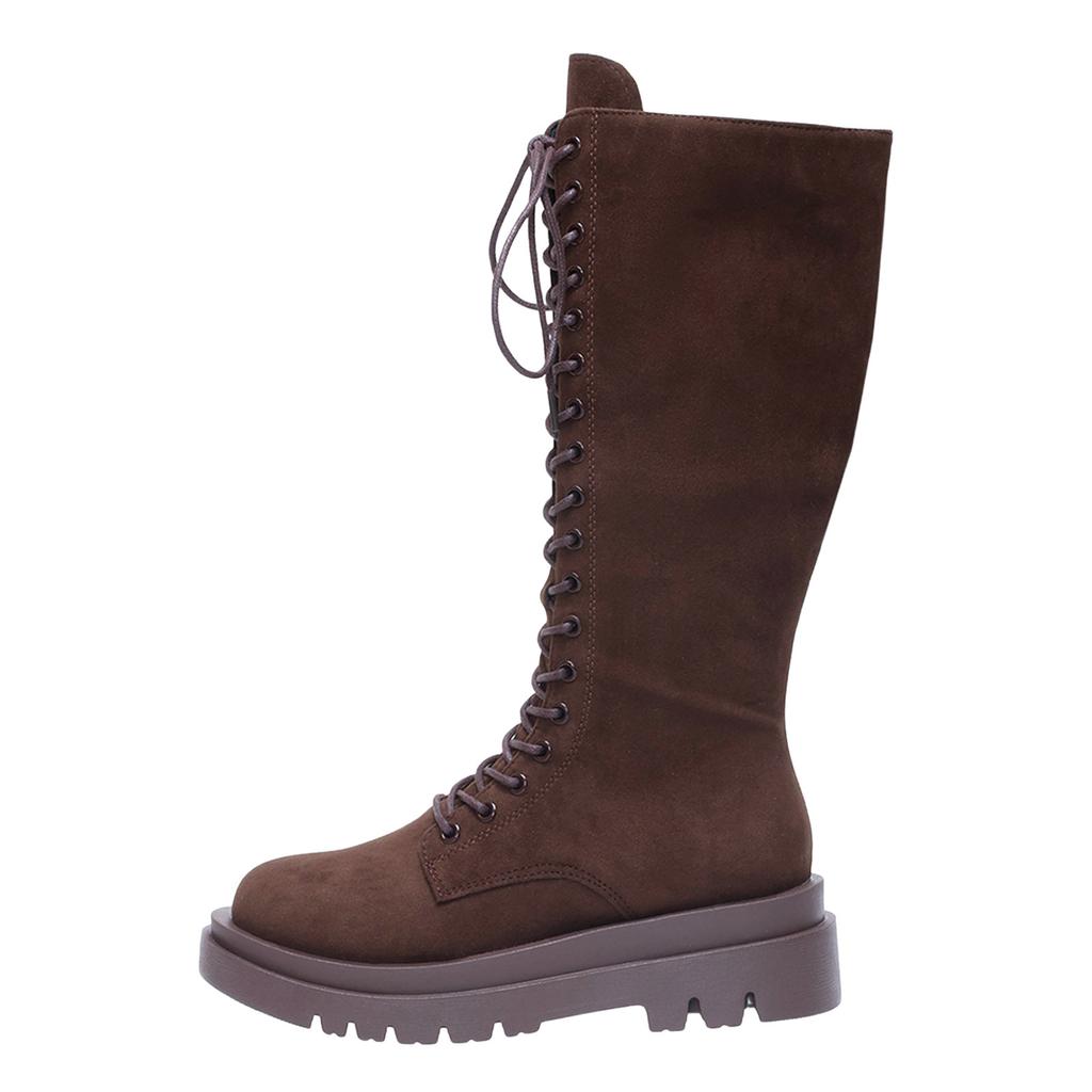 Women's Plus Size Round Toe Boots Solid Color Suede Square Heel Retro Lace Up Knee High Boots Tan Boots for Women Thigh High