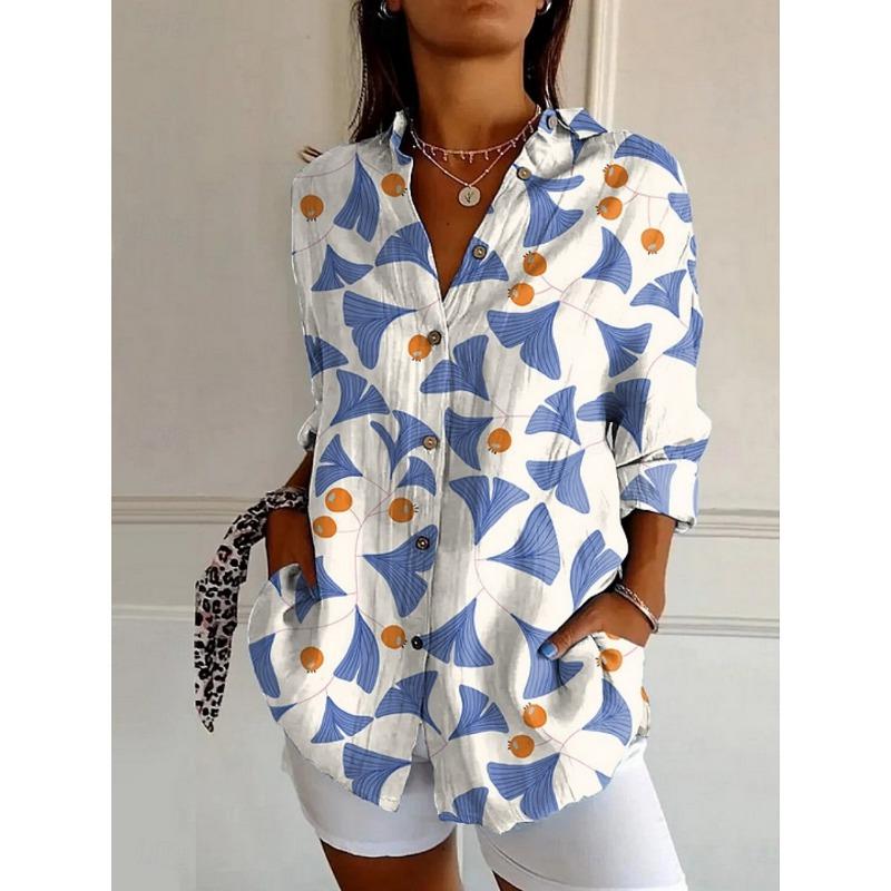 Sommer Damenhemd Blume Aktiv Stilvolle Bluse Reverskragen Bluse Damen Langarmhemden Damenkleidung Damenkleidung