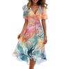 Women's Summer Texture Printed Casual Wrap V Neck Ruffled Hood Short Sleeves Belt A-Line Ruffle Hem Midi Sundress