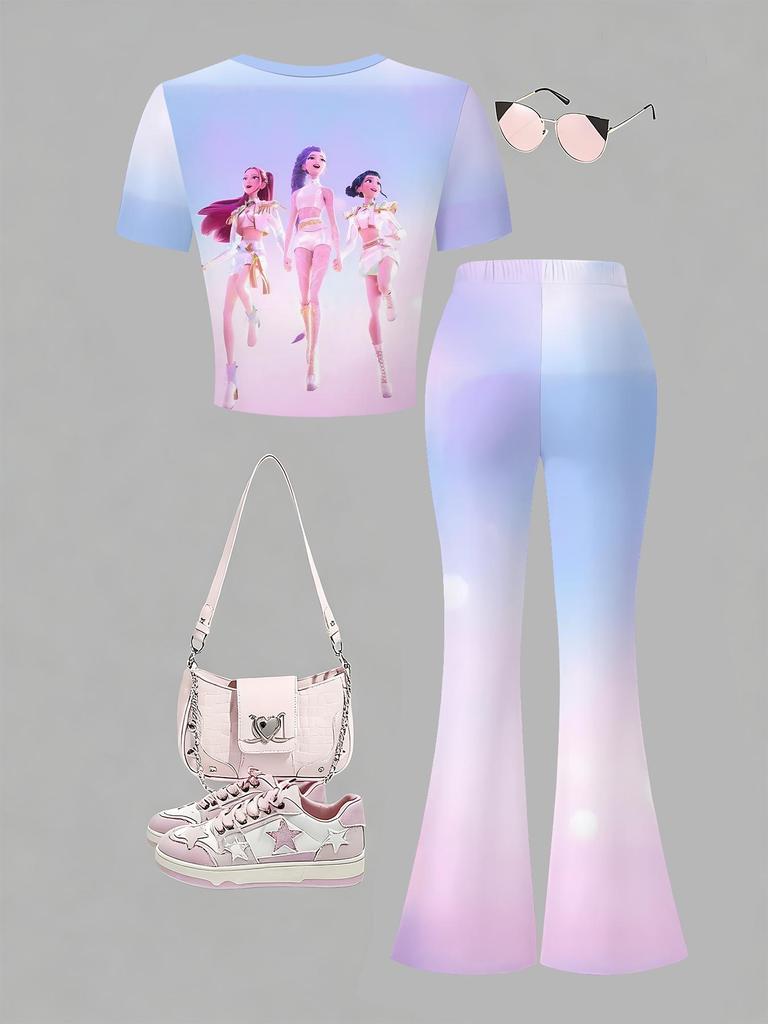 K-Pop Demon Hunter Girls' Bell-Bottom Pants Set - Comfortable Short-Sleeve and Long Pants for Spring/Autumn.