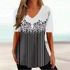 Vintage V-neck Women's T-shirt Summer Outdoor Casual Short Sleeve Tops Fashion Black Stripe Printing OverSize Clothing